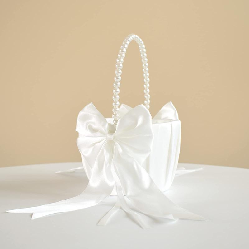 Wedding Flower Girl Basket with Cute Pearl Handle Bowknot Satin Flower Baskets for Wedding Ceremony - Ivory