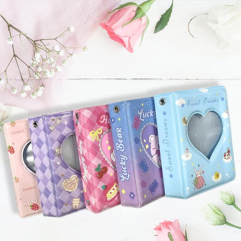 3 Inch Mini Photo Album, Heart Hollow Card Binder Photo Album Photo Card Holder with Pendant 40 Pockets (blue strawberry)