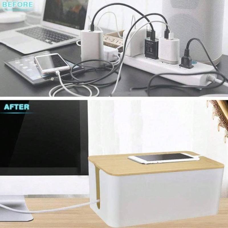 Cable Management Box, 1 Count Cord Organizer Box, Cord Hider Box with Wooden Lid, Data Cable Storage Box for Desk TV Computer USB HUB