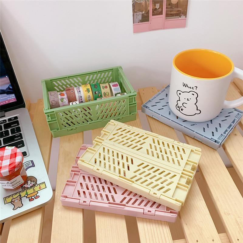 Foldable Storage Basket, 1 Count Small Plastic Random Color Stacking Storage Organizer for Desk