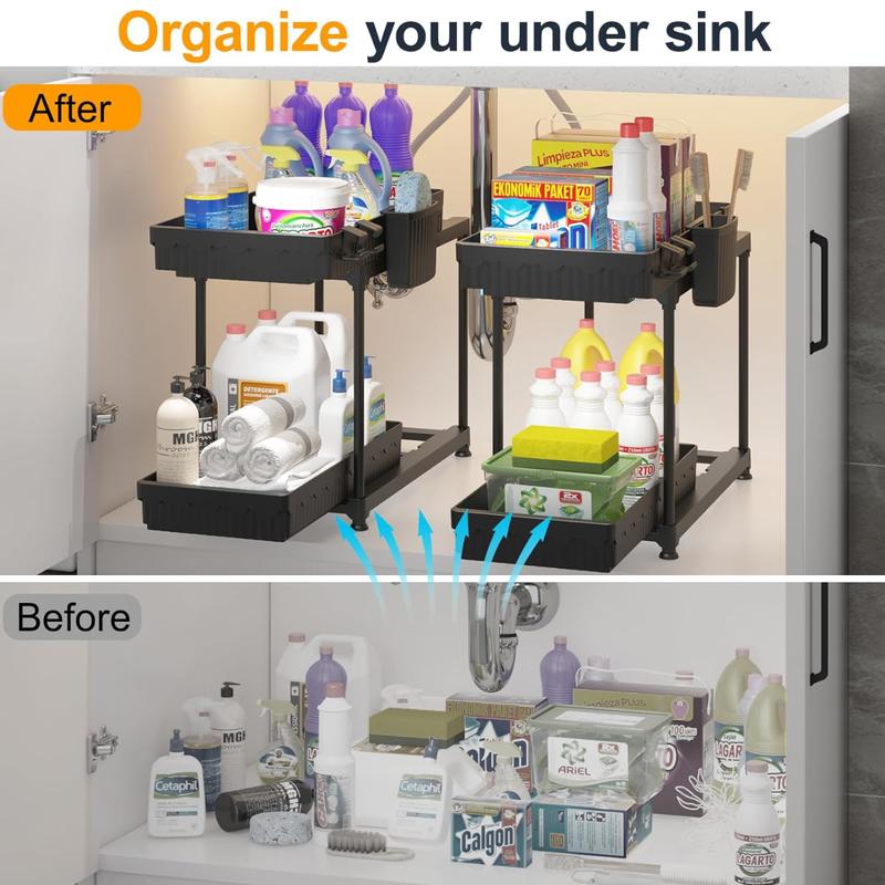 2 Pack 2 Tier Double Sliding Under the Sink Organizers and Storage for Bathroom Cabinet, Kitchen or Office.