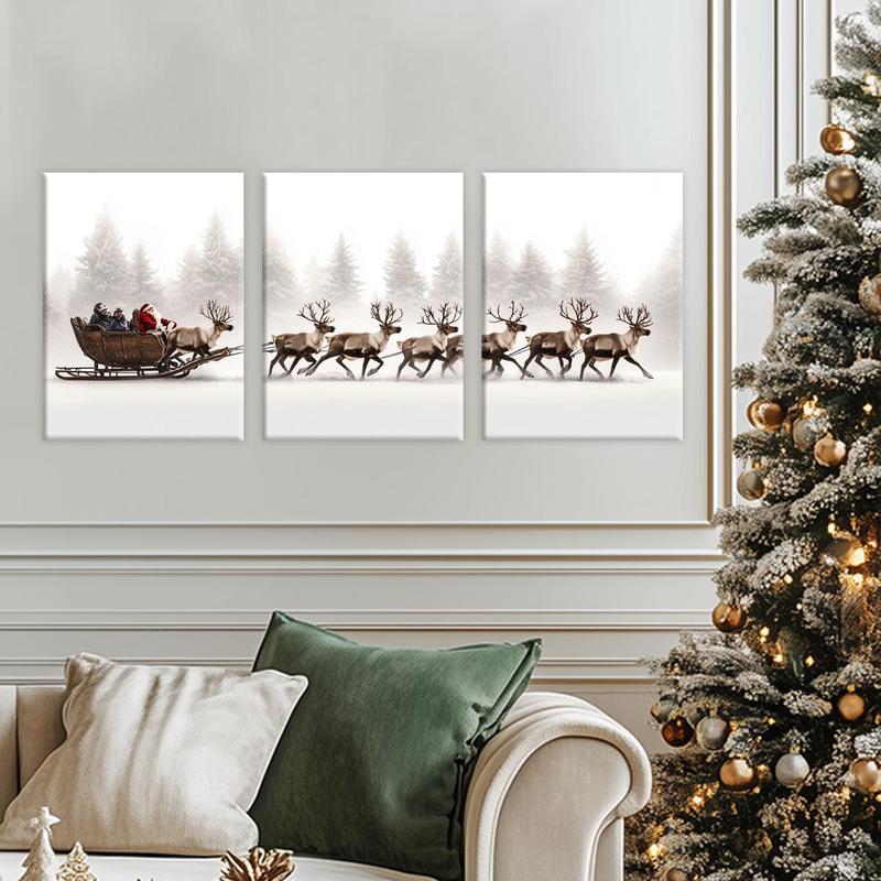 Christmas Themed Wooden Framed Canvas Painting, 3 Counts set Vintage Wall Poster, Wall Art for Home Living Room Bedroom Office Decor