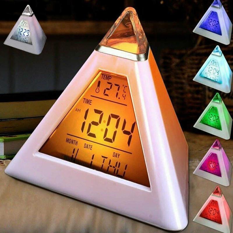 LED Digital Alarm Clock Pyramid Night Light Color Changing Desk Clock with Music & Snooze Mode