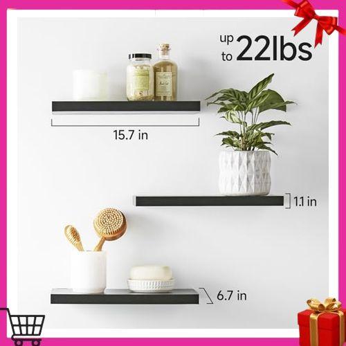 BAYKA Floating Shelves for Wall, Wall Mounted Rustic Wood Shelves for Bathroom, Bedroom, Living Room, Kitchen, Hanging Shelf for Books Storage Room Decor with 22lbs Capacity (Black, Set of 3, 16in)