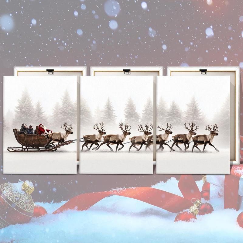 Christmas Themed Wooden Framed Canvas Painting, 3 Counts set Vintage Wall Poster, Wall Art for Home Living Room Bedroom Office Decor