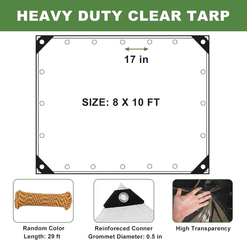 Clear Tarp 8x10 ft, Heavy Duty Clear Waterproof Tarp with Grommets, Thickened Tear Resistant PVC Vinyl Tarps for Outdoor Protection Pergola, Greenhouse, Patio and Porch