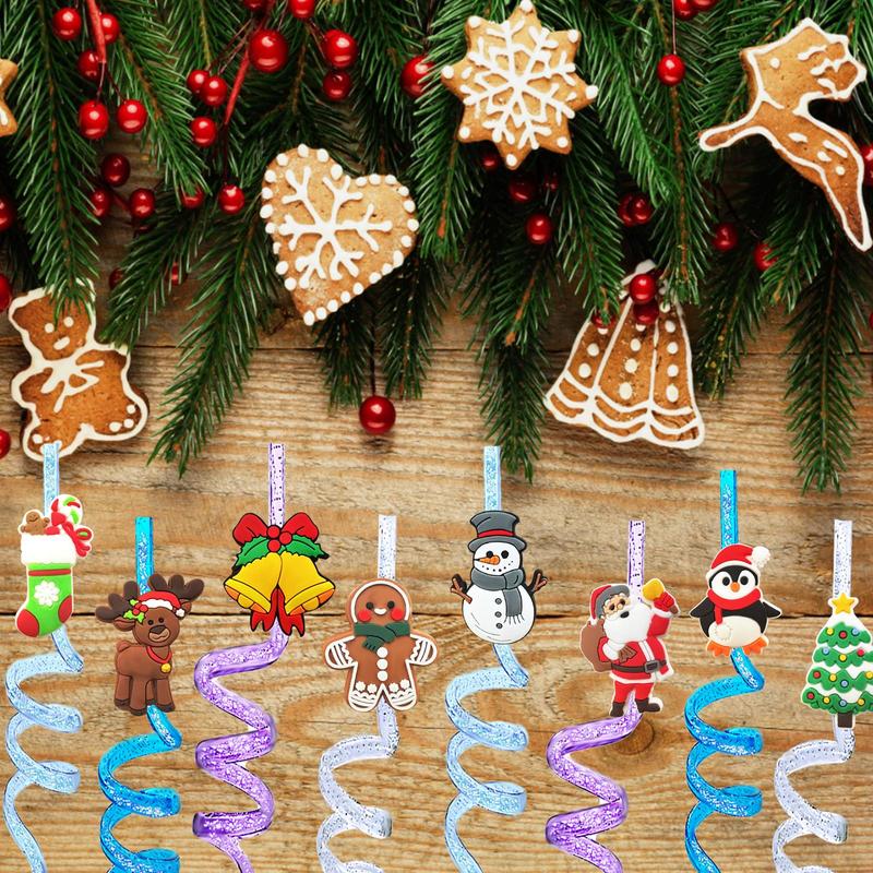 Glitter Christmas Themed Straws, 24pcs set 8 Styles Reusable Christmas Party Decoration Straws, Festive & Party Supplies for Home Party