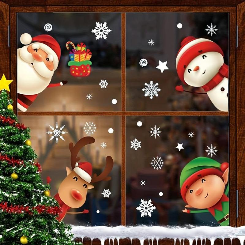 Christmas Themed Window Sticker, 4 Counts set Snowflake & Santa Claus & Reindeer Pattern Window Decal, Decorative Sticker for Home Party Festival