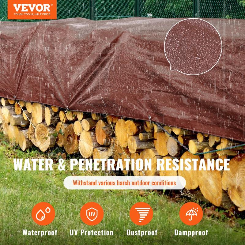 VEVOR Tarp 12x20 ft 16 Mil Thick, Waterproof Tear Proof Poly Plastic Tarps Cover, Multi-Purpose Outdoor Tarpaulin with Grommets & Reinforced Edges for Truck, RV, Boat, Camping (Brown)