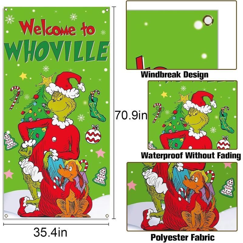 Welcome to Whoville Christmas Door Cover Green  Xmas Winter Holiday Party Decoration Backdrop Door Hanging Banner (Green-B)