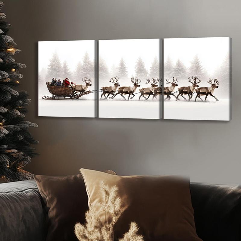 Christmas Themed Wooden Framed Canvas Painting, 3 Counts set Vintage Wall Poster, Wall Art for Home Living Room Bedroom Office Decor