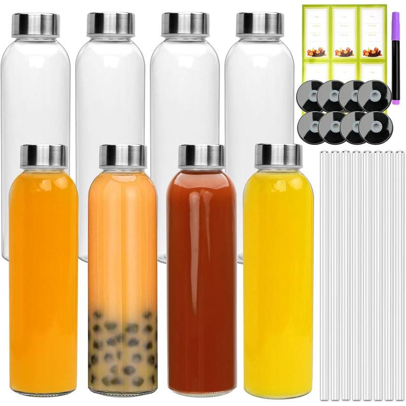 16oz Glass Bottles,Reusable Glass Juice Bottles with Lids and Straws,Set of 8,Clear Glass Water Juicer Containers with Two-types of Lid for Beverage,Smoothies,Milk,Iced Coffee,Tea,Sauces