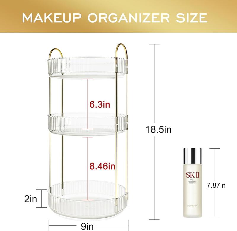 360° Rotating Makeup Organizer Perfume Organizer for Vanity, High-Capacity Skincare Cosmetic Dresser Bathroom Countertop Organizers Storage (3 Tiers, Transparent)