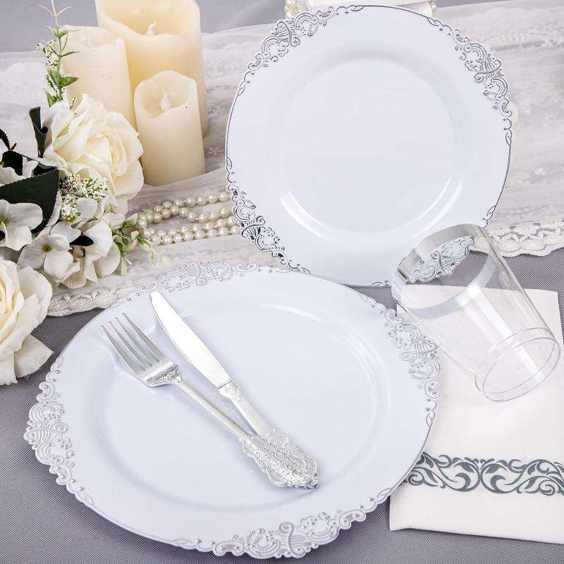 Nervure 350PCS White and Silver Plastic Plates - Silver Plastic Dinnerware Sets for 50 Guests - 100 Silver Disposable Plates, 150 Silver Plastic Silverware, 50 Cups,Napkins for Wedding & Party