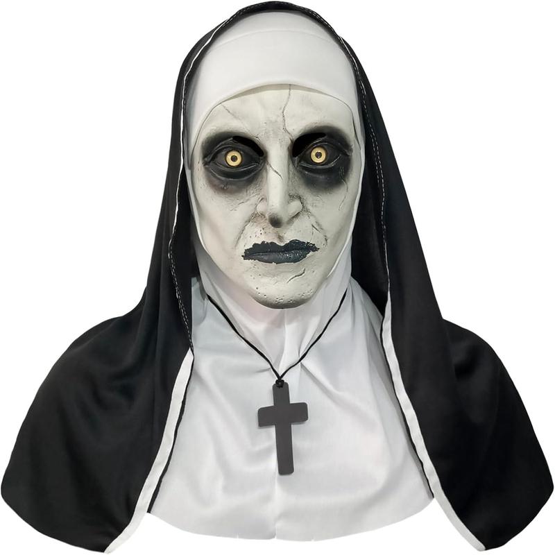 Nun Costume Mask 2023  Version - Realistic Latex Mask with Headgear and Cross Necklace for Halloween Night (ShutMouth)