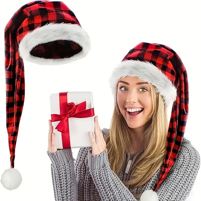 Christmas Hats, Long Santa Hat For Adult Red And Black Plaid, Fluffy Plush Santa Claus Hats Holiday Hats For Party