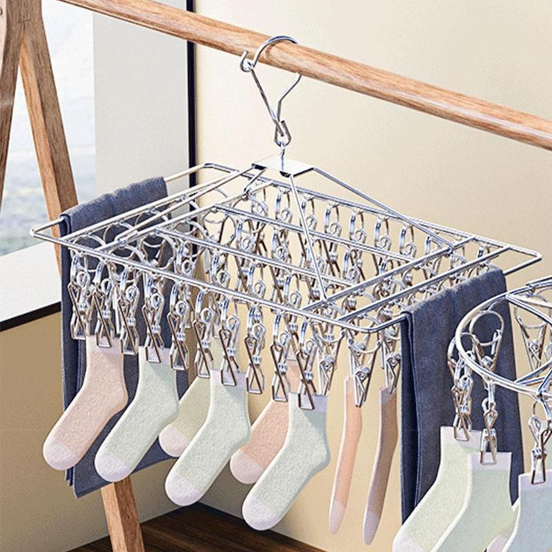 Stainless Steel Windproof Sock & Underwear Drying Rack, Multifunctional Clothes Drying Rack with Rotating Hook, Laundry Tools & Accessories