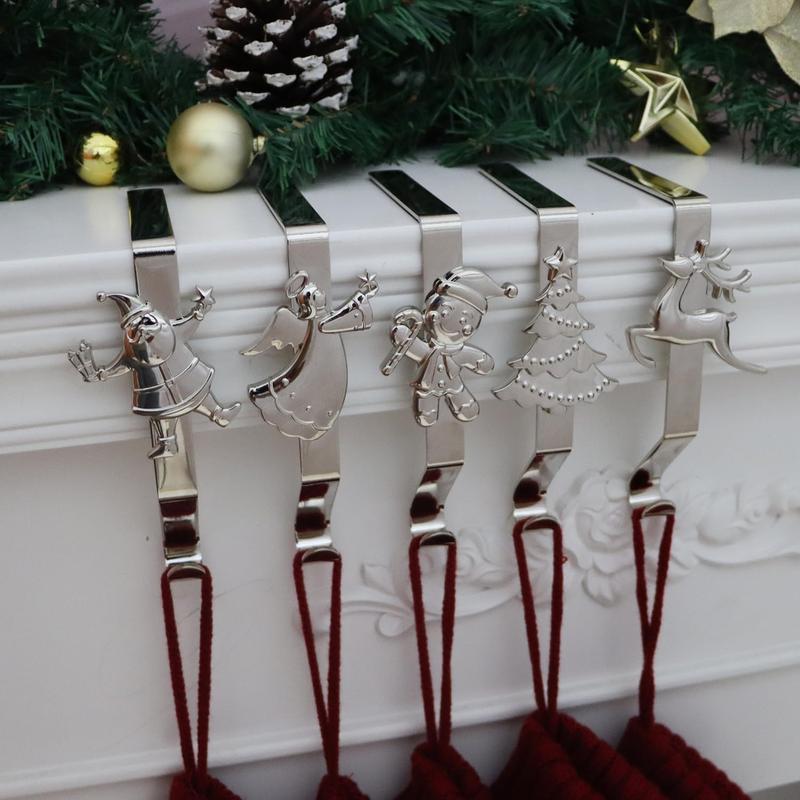 Christmas Stocking Holders for Mantle Set of 5, Reusable Christmas Stocking Hooks, No- Xmas Hanger for Fireplace Mantle Grip Stand Christmas Decoration Ornaments Hanging Shelf Floor