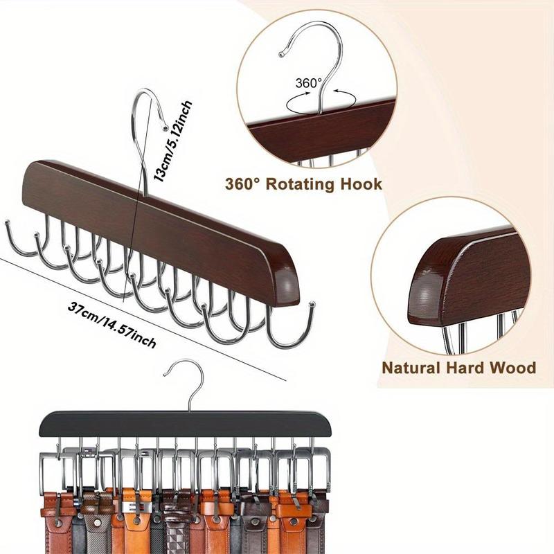 Tie Rack Hanger with 14 Hooks, 1 Count Space Saving Necktie Organizer for Men women, Large Capacity Tie and Belt Wooden Hanger for Closet