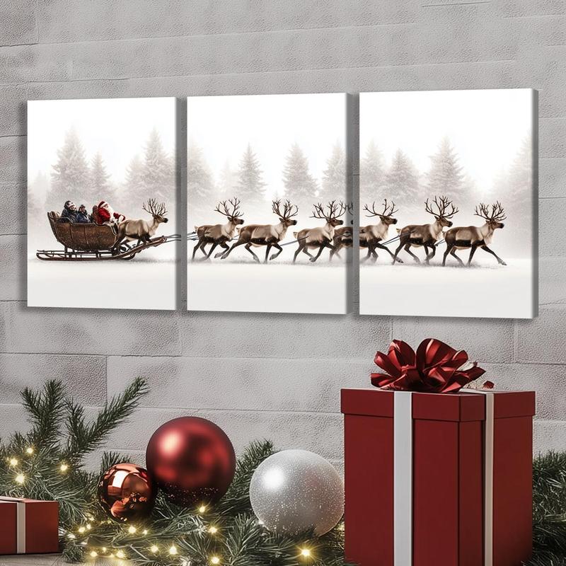 Christmas Themed Wooden Framed Canvas Painting, 3 Counts set Vintage Wall Poster, Wall Art for Home Living Room Bedroom Office Decor