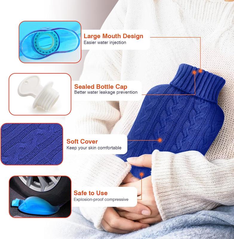 Hot Water Bottle, Hot Water Bag for  , 2L Hot Water Bag for Hot and Cold Compress, Hand Feet Warmer, Menstrual ,  Neck and Shoulder ,Hot Water Bottle with Cover Dark Blue