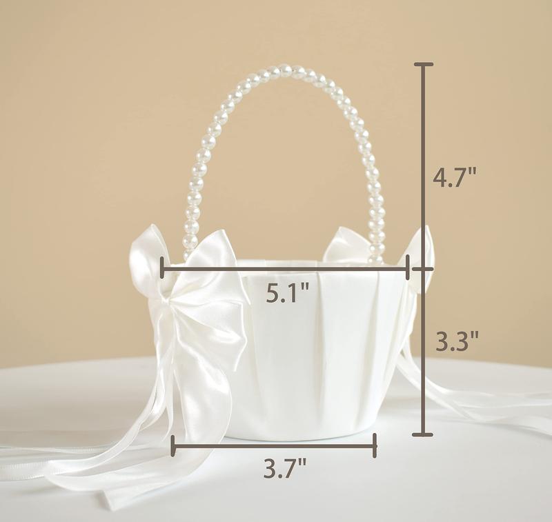 Wedding Flower Girl Basket with Cute Pearl Handle Bowknot Satin Flower Baskets for Wedding Ceremony - Ivory