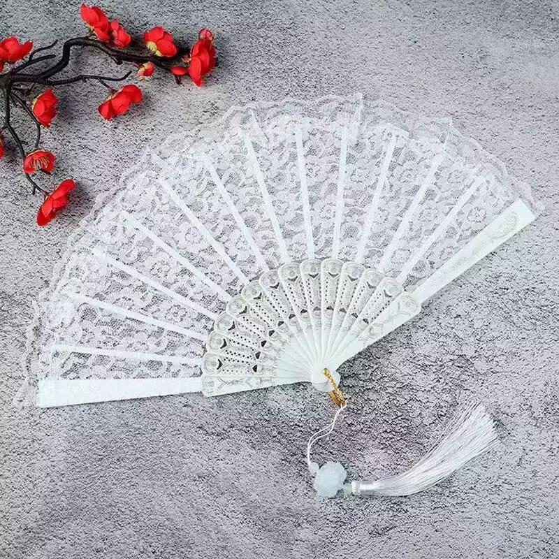 Chinese Style Floral Embroidered Lace Hand Fan, 1 Count Tassel Decor Handheld Fan for Summer, Home Decor Supplies