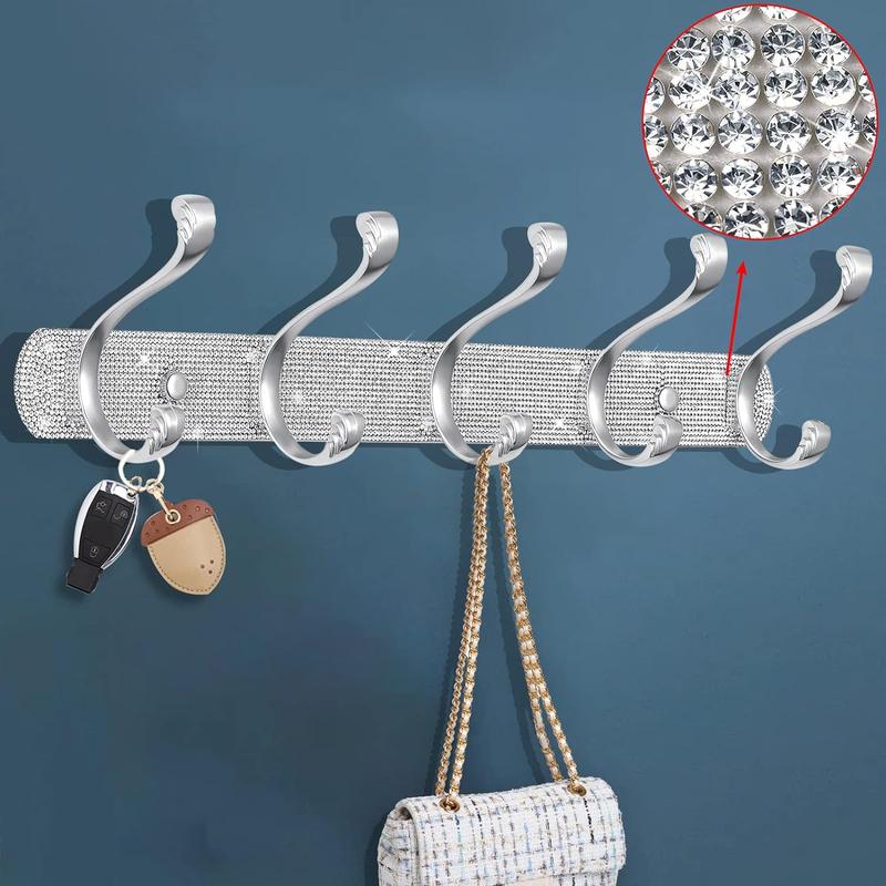 Coat Rack Mount, Shiny Silver Rhinestones Wall Mounted 5 Hooks Key Hooks Decorative Organiser Laundry Stainless Hangable