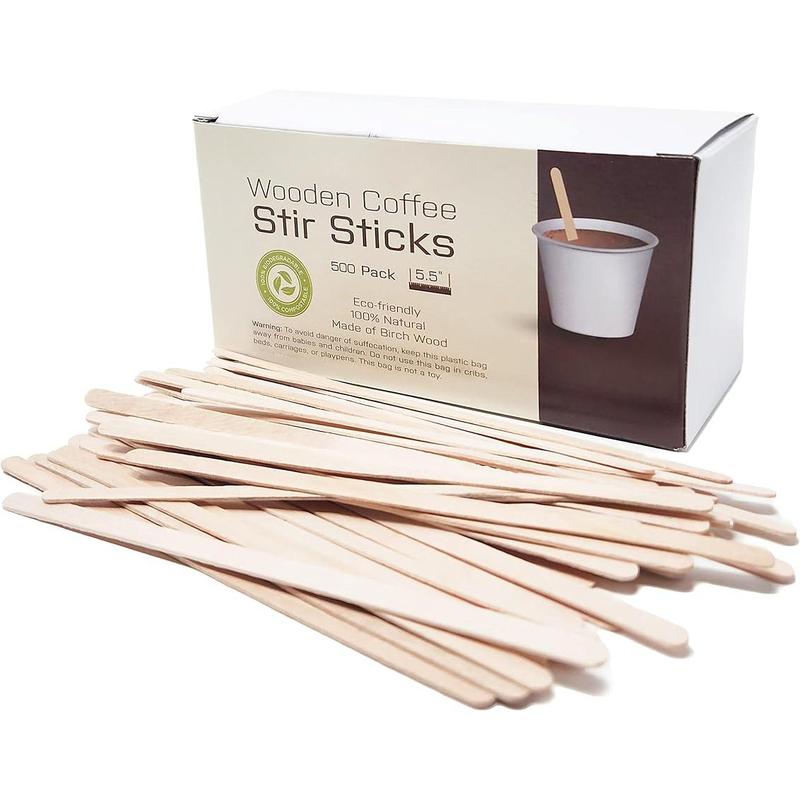 500 Wooden Coffee Stirr 5.5 Inch with Storage Box, sturdy natural birch wood coffee stirrer, splinter-free, rounded ends. Mixed Drink Sticks