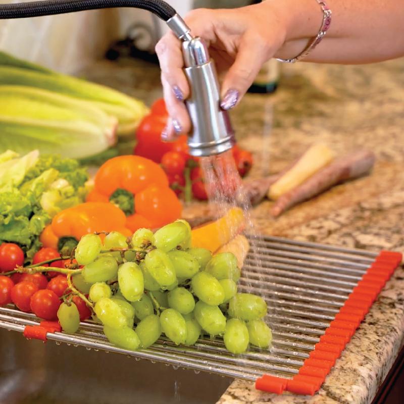 Total Rack 9-in-1 Organizer Expands 11” to 21”. Over-the-Sink Drying Rack and Trivet. Oven-Safe for Crisping, Nonslip Silicone, Stainless-Steel. Great kitchen Tool. Also great for drying in Laundry room.