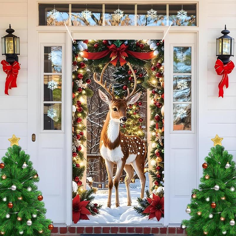 Christmas Themed Door Banner, 1 Count Reindeer & Christmas Tree Pattern Door Hanging Banner, Festive Backdrop for Home Living Room Bedroom Decor