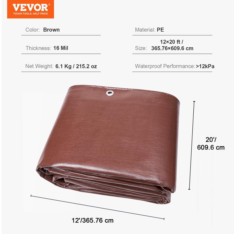 VEVOR Tarp 12x20 ft 16 Mil Thick, Waterproof Tear Proof Poly Plastic Tarps Cover, Multi-Purpose Outdoor Tarpaulin with Grommets & Reinforced Edges for Truck, RV, Boat, Camping (Brown)