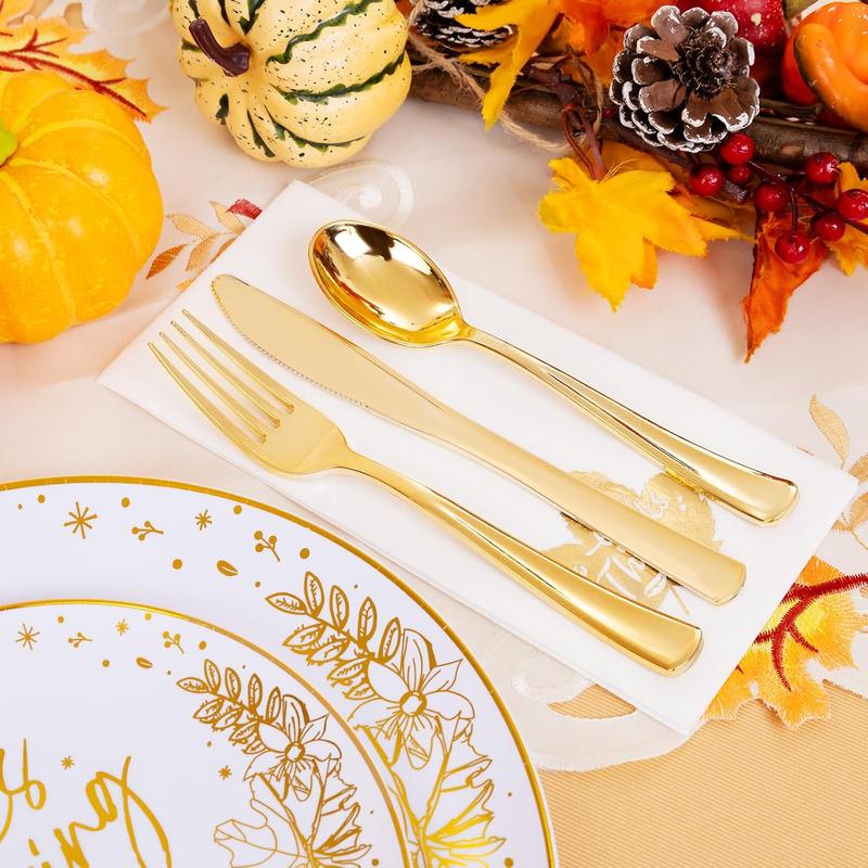 Nervure 175 Pcs Thanksgiving Plastic Plates - White and Gold Plates Disposable Includes 25 Dinner Plates,25 Dessert Plates, 25 Knives, 25 Forks, 25 Spoons, 25 Cups, 25 Napkins Perfect for Party