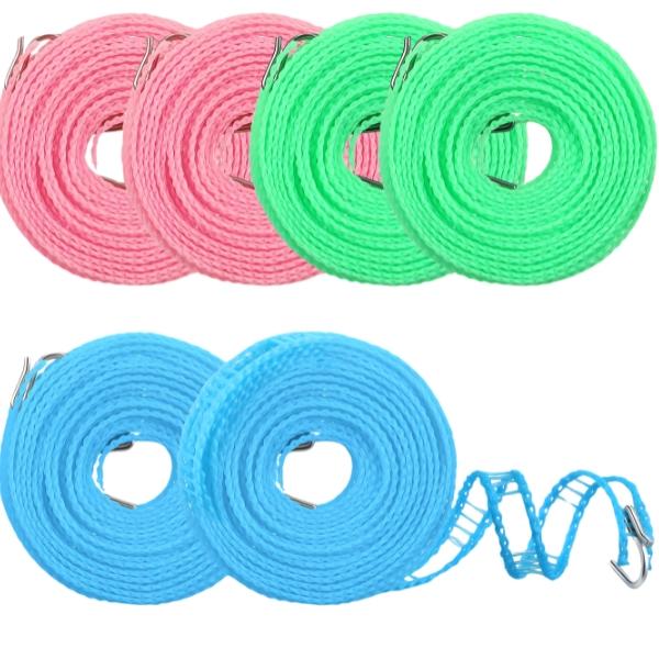 Adjustable Nylon Clothesline for Indoor Outdoor Laundry Camping Home - Set of 6 Portable (Blue Pink Green) - Hangers, Hanging Stainless Steel