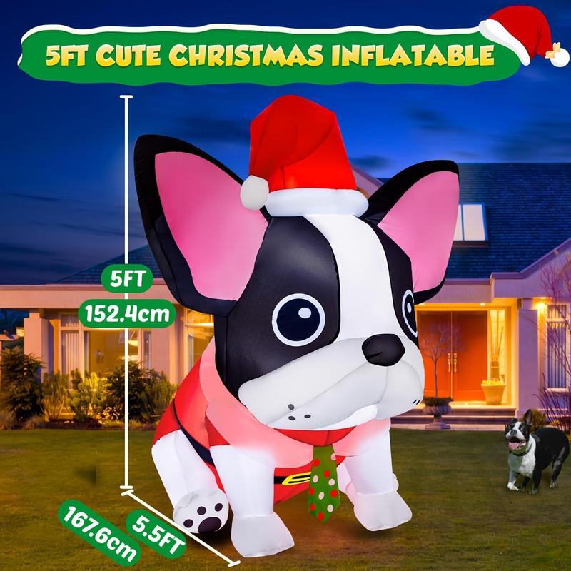 5ft Inflatable Christmas Dog Decorations, 1 Count Cute Inflatable Dog with Built-in LED Lights, Christmas Decoration for Indoor & Outdoor Holiday Party