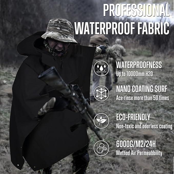 FIRE TECK Raincoat Outdoor Tactical Poncho ,Multi-use Technical Soft-Shell Poncho Camo Rain Poncho, Waterproof Ripstop Tent Poncho for Camping Hiking Outdoor Hunting