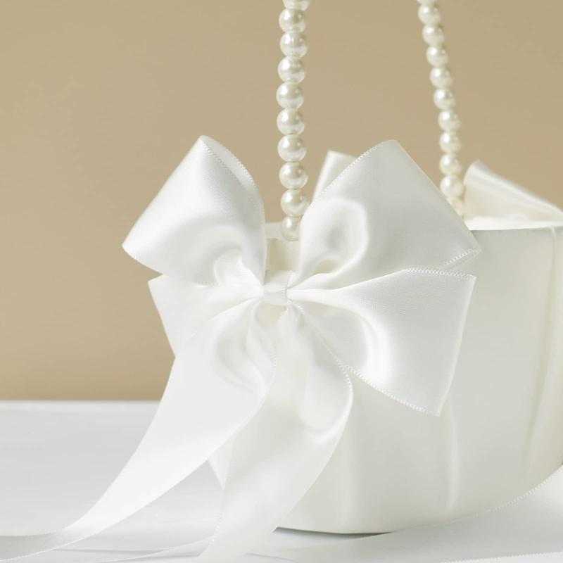 Wedding Flower Girl Basket with Cute Pearl Handle Bowknot Satin Flower Baskets for Wedding Ceremony - Ivory