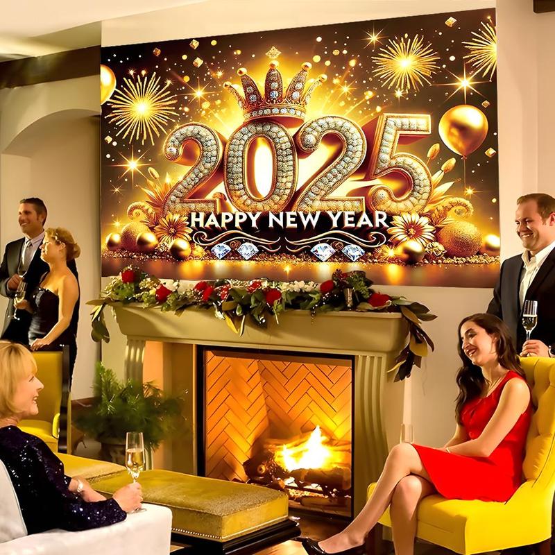 Happy New Year Themed Background, 1 Count 2025 New Year Celebration Background, Party Decoration Supplies for Home Living Room Bedroom Kitchen