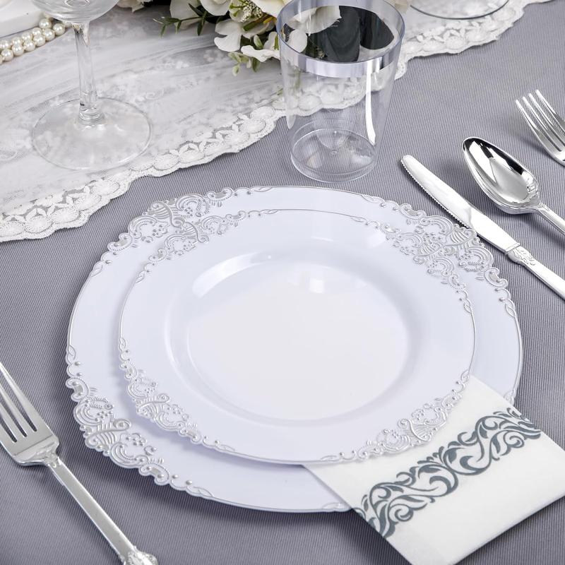 Nervure 350PCS White and Silver Plastic Plates - Silver Plastic Dinnerware Sets for 50 Guests - 100 Silver Disposable Plates, 150 Silver Plastic Silverware, 50 Cups,Napkins for Wedding & Party