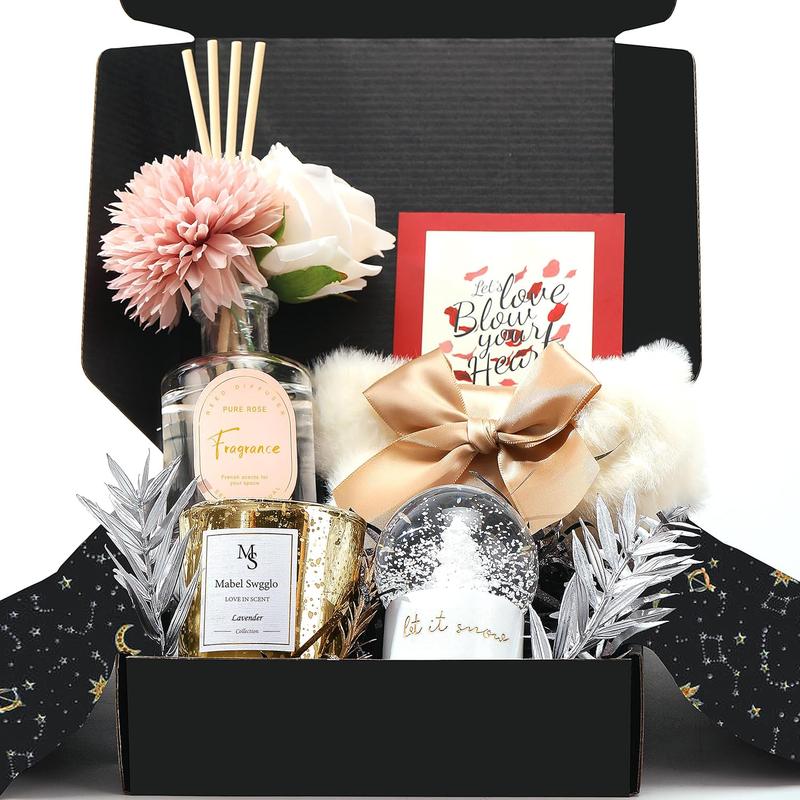 Christmas Gifts for Women Mom and Best Friends - Includes Scented Candle, Reed Diffuser, Fuzzy Socks, Snow Globe, Flowers & More