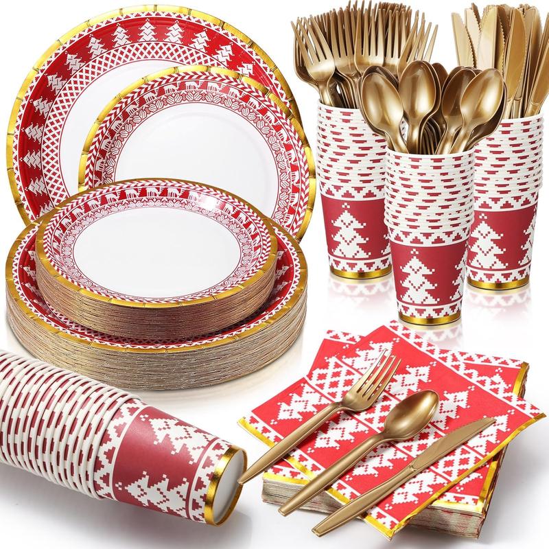 200 count Christmas Dinnerware Set Disposable Red and White Paper Plates and Napkins for 25 Guests Gold Tableware Kits Cups Forks  Spoons for Christmas New Year Party Decoration(Xmas Tree)