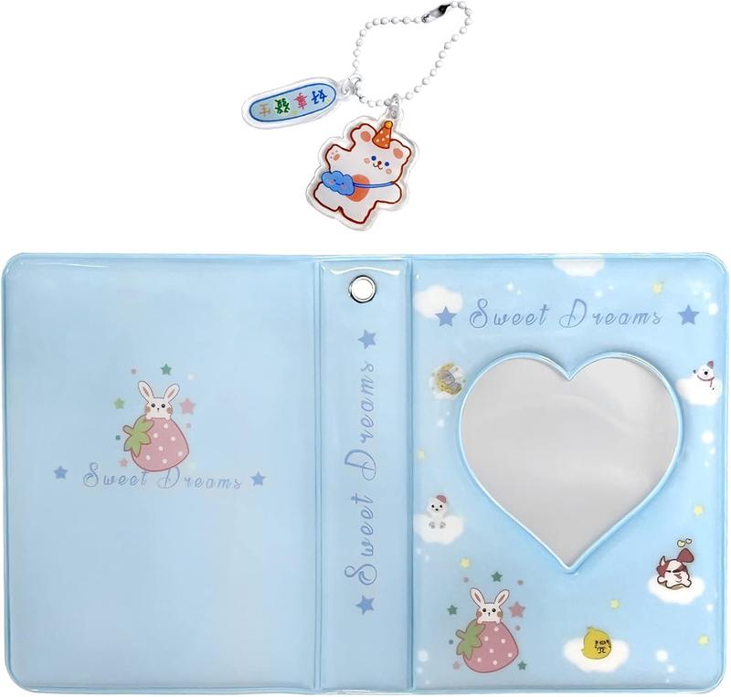 3 Inch Mini Photo Album, Heart Hollow Card Binder Photo Album Photo Card Holder with Pendant 40 Pockets (blue strawberry)