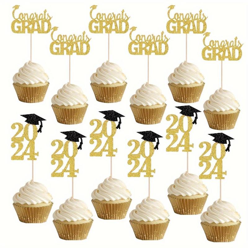 2024 Graduation Cake Topper, 12pcs set Glitter Paper Cupcake Topper, Cake Decoration for 2024 Graduation Party