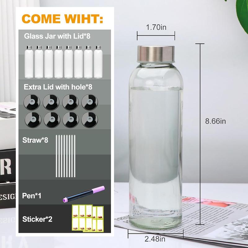 16oz Glass Bottles,Reusable Glass Juice Bottles with Lids and Straws,Set of 8,Clear Glass Water Juicer Containers with Two-types of Lid for Beverage,Smoothies,Milk,Iced Coffee,Tea,Sauces