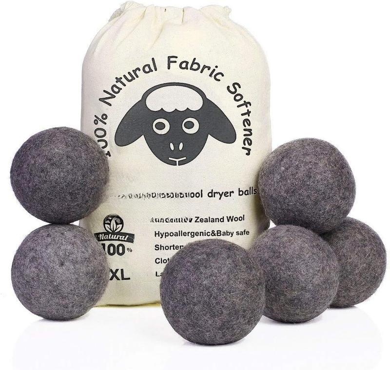 Dryer Balls Dark Grey XL 6-Pack,  New Zealand  Fabric Softener for 1000+ Loads,  Safe & , Reduce Wrinkles & Shorten Drying Time Naturally (6pcs Grey-XL)