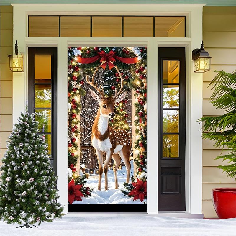 Christmas Themed Door Banner, 1 Count Reindeer & Christmas Tree Pattern Door Hanging Banner, Festive Backdrop for Home Living Room Bedroom Decor