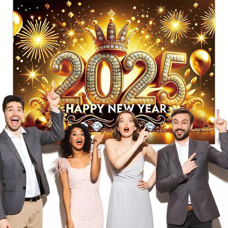 Happy New Year Themed Background, 1 Count 2025 New Year Celebration Background, Party Decoration Supplies for Home Living Room Bedroom Kitchen