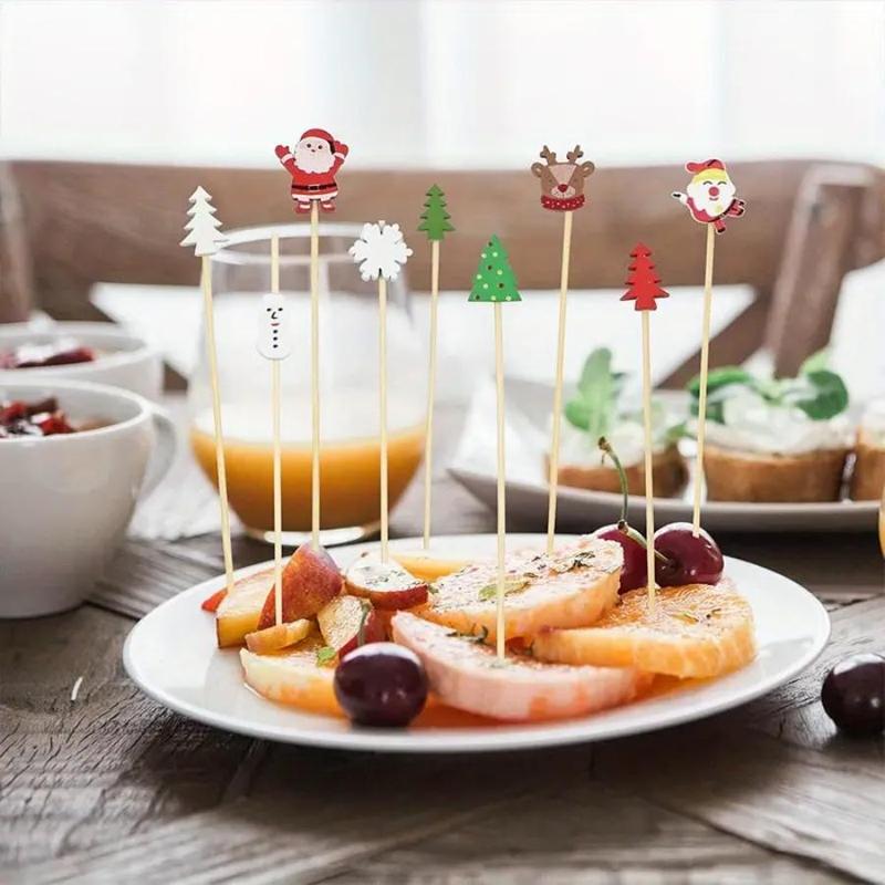 Christmas Themed Disposable Bamboo Stick, 30 100pcs Cute Cartoon Design Fruit Stick, Disposable Tableware for Home Office Party