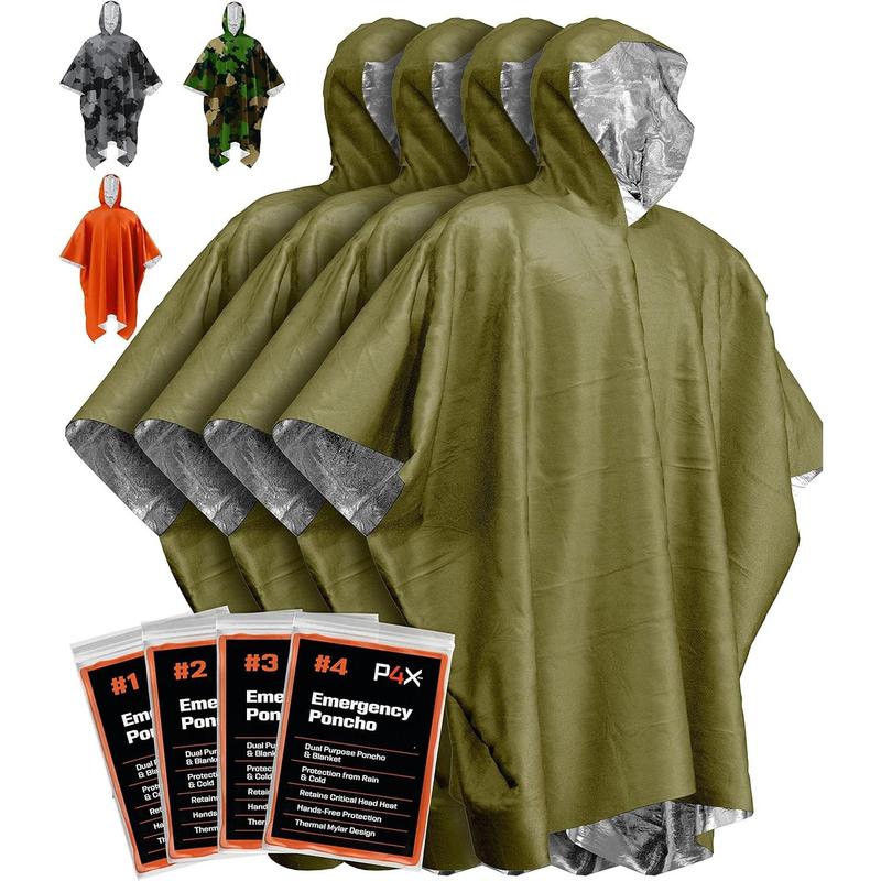 PREPARED4X Emergency Rain Poncho with Mylar Blanket Liner - Survival Blankets for Car - Heavy Duty, Waterproof Camping Gear