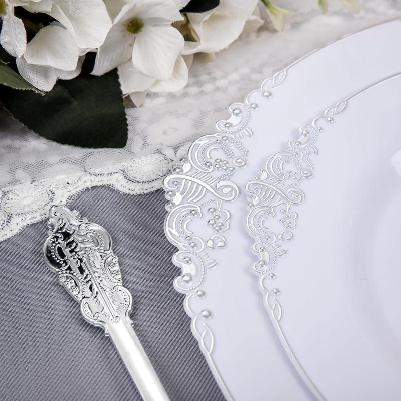 Nervure 350PCS White and Silver Plastic Plates - Silver Plastic Dinnerware Sets for 50 Guests - 100 Silver Disposable Plates, 150 Silver Plastic Silverware, 50 Cups,Napkins for Wedding & Party